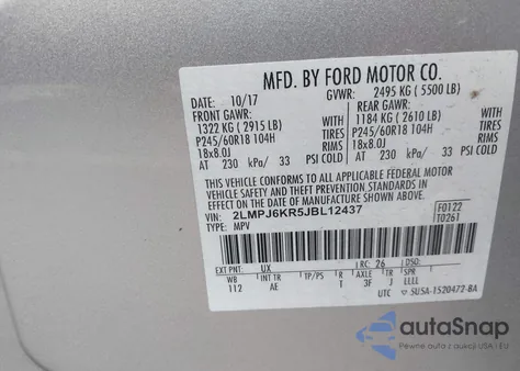 2018 Lincoln Mkx Select из США, поврежденный, VIN 2LMPJ6KR5JBL12437